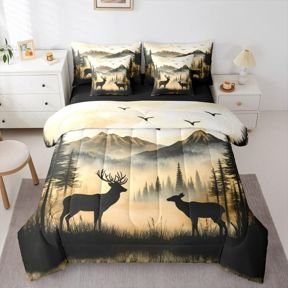 Manfei Jungle Animal Deer Twin Bedding Sets 7-Piece,Rustic Farmhouse Cabin Bedding Comforter Set,Tropical Plant Tree Sheet Sets For Children,Microfiber Bedroom Decor,Reversible