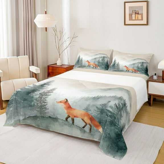 Manfei Jungle Animal Fox Twin Sheet Sets, Magic Wildlife Twin Fitted Sheet, Rustic Nature Scenery Flat Sheet, Super Cozy Room Decor, 3-Piece