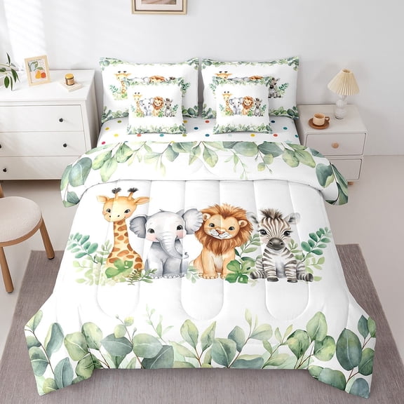 Feelyou Jungle Animal Party Twin Bedding Sets 7-Piece, Giraffe Lion Elephant Bedding Comforter Set, Cute Wildlife Sheet Sets, Microfiber Room Decorative