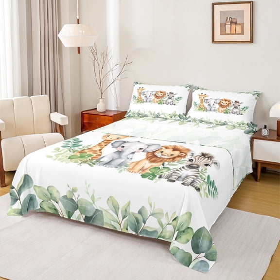 Feelyou Jungle Animal Party Twin Sheet Sets, Giraffe Lion Elephant Twin Fitted Sheet, Cute Wildlife Flat Sheet, Microfiber Room Decorative, 3pcs