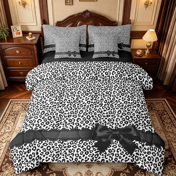 Manfei Jungle Animal Pattern 7-Piece King Bedding,Black Kawaii Bowknot King Bed in a Bag,Black Reversible