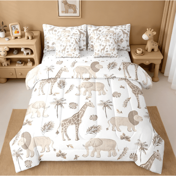 Manfei Jungle Animals 7-Piece Twin Bedding Sets,Elephant Lion Giraffe Animal African Safari Animal Bedding Comforter Set For Kids Reversible