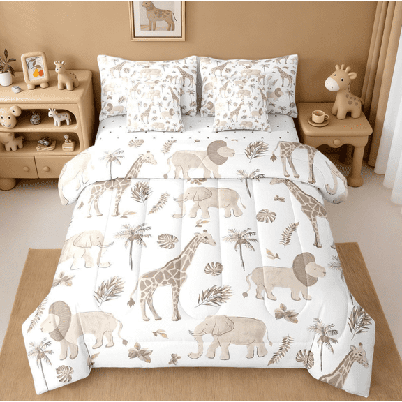 Manfei Jungle Animals 7 Pieces Bedding Comforter Set,Elephant Lion Giraffe Animal African Safari Animal Full Bedding Set For Kids Reversible