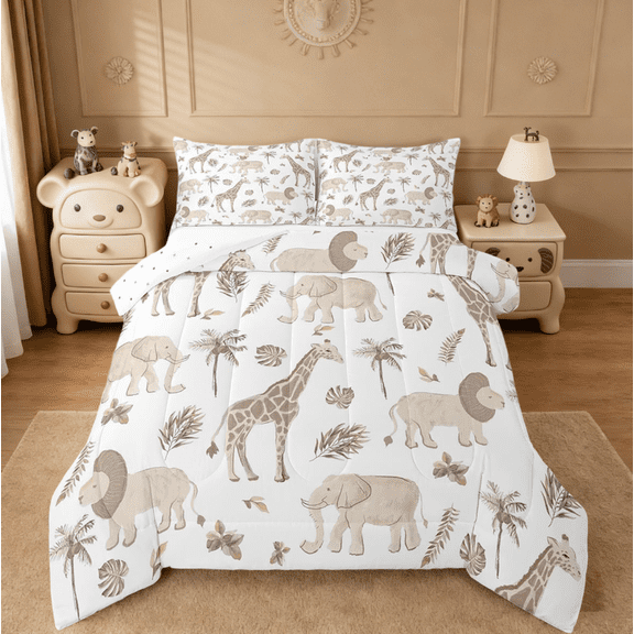 Manfei Jungle Animals Twin Comforter Sets,Elephant Lion Giraffe Animal African Safari Animal Bedding Set For Kids Reversible 2pcs