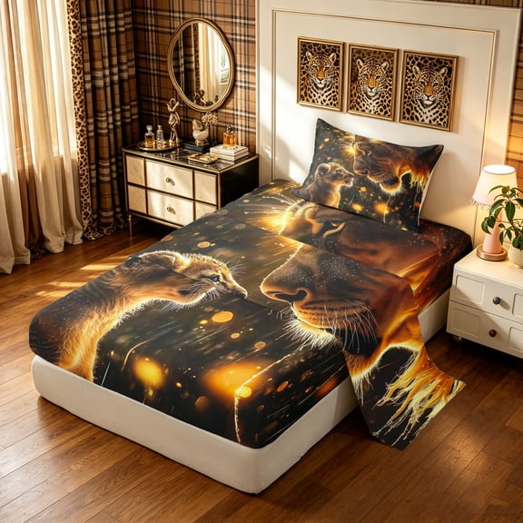 Manfei Jungle Animals Twin Sheets, Kawaii Lion Family Bedding, Dark Brown, 3 Pieces, 1 Flat Sheet, 1 Fitted Sheet and 1 Pillowcase