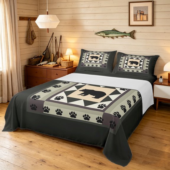 Manfei Jungle Bear Bed Sheets, Farmhouse Country Theme Full Size Sheets, Black Gray, 4pcs, 1 Flat Sheet, 1 Fitted Sheet and 2 Pillowcases