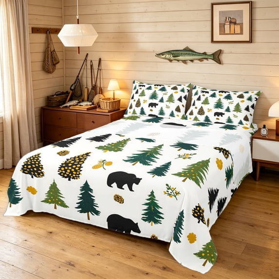 Manfei Jungle Bear Bed Sheets, Kawaii Pine Tree Full Size Sheets, White Dark Green, 4pcs, 1 Flat Sheet, 1 Fitted Sheet and 2 Pillowcases