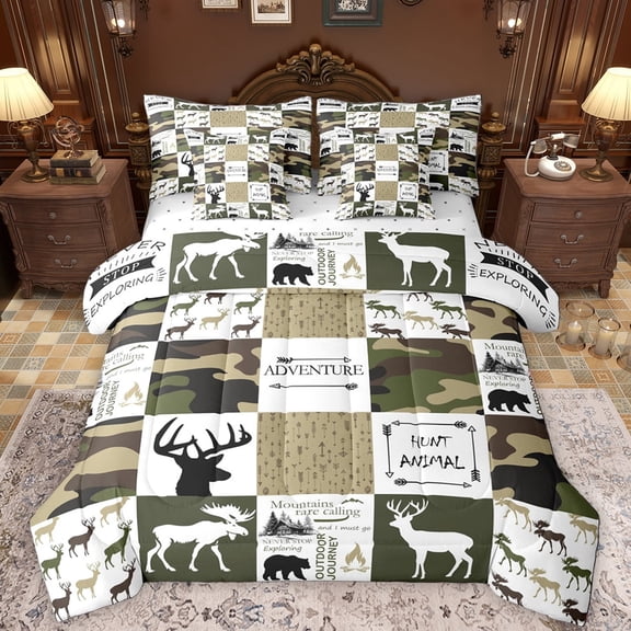Manfei Jungle Bear Deer 7 Pieces Bedding Comforter Set,Outdoor Adventure Full Bedding Set,Rustic Camoufalge Print Fitted Sheet Flat Sheet For Boys Kids,Breathable Home Decor Reversible