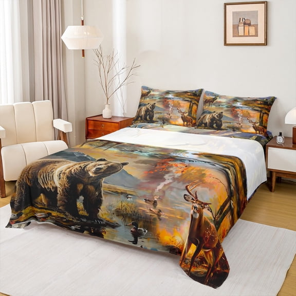 Manfei Jungle Bear Deer Full Size Sheets,Rustic Mallard Duck Bed Sheets,Country Farmhouse Hunting Sheet Sets For Kids,Breathable Home Decor,4 Pieces