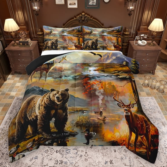 Manfei Jungle Bear Deer Queen Comforter Set,Rustic Mallard Duck Bedding Sets,Country Farmhouse Hunting Bedding Comforter Set For Kids,Breathable Home Decor Reversible,3pcs
