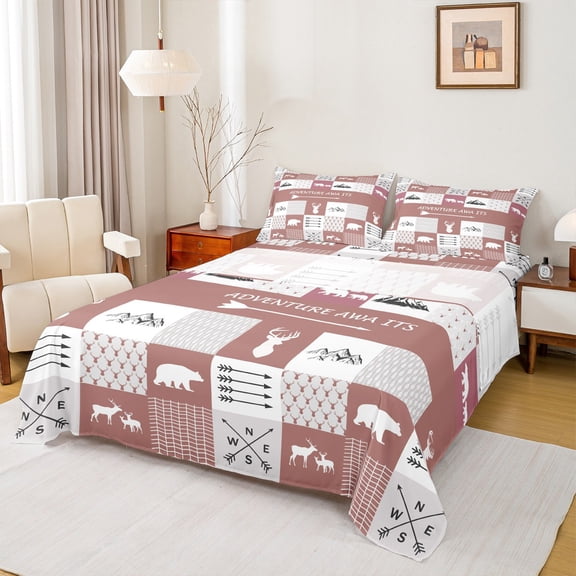 Manfei Jungle Bear Deer Queen Sheet Sets,Outdoor Advenrure Flat Sheet,Pink White Queen Fitted Sheet For Kids,Breathable Home Decor,4-Piece