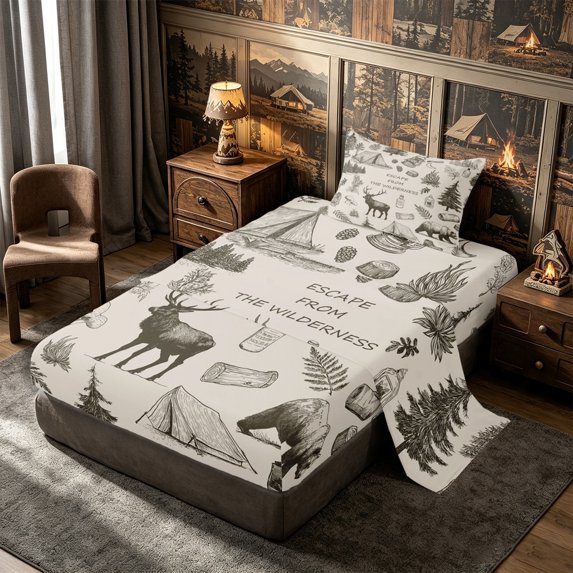 Manfei Jungle Bear Deer Twin Sheets 3pcs,Adventure RV Accessories Bedding,Beige Brown,1 Flat Sheet,1 Fitted Sheet and 1 Pillowcase