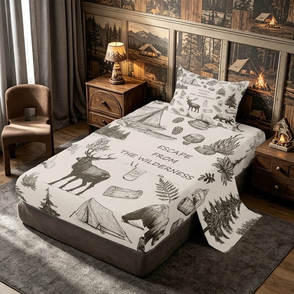 Manfei Jungle Bear Deer Twin Sheets 3pcs,Adventure RV Accessories Bedding,Beige Brown,1 Flat Sheet,1 Fitted Sheet and 1 Pillowcase