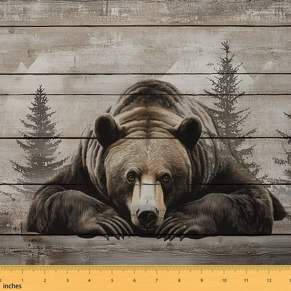 Manfei Jungle Bear Fabric by the Yard (1 Yard), Woodland Wildlife Tree Decorative Fabric by the Yard, Vintage Lodge Cabin Sewing & Crafting Fabric