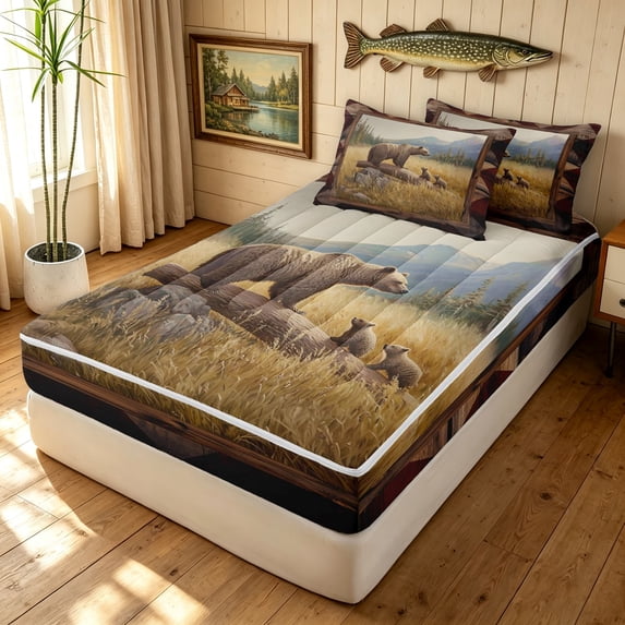 Manfei Jungle Bear Family Zipper Full Size Comforter Sets with Fitted Sheet and 2 Pillowcases, Woodland Animal Zipper Bedding Set, Brown, Black Reversible, 4pcs