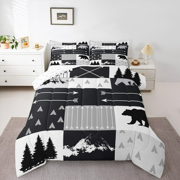 Manfei Jungle Bear Full Size Comforter Sets for Men, Woodland Wildlife Bedding Comforter Set, Rustic Farmhouse Patchwork Reversible Bedding Sets, Lightweight Room Decor, 3-Piece