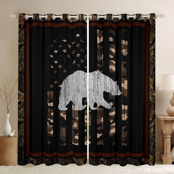 Manfei Jungle Bear Kitchen Curtains, Retro US Flag Black Out Curtains Pack of 2 (42x63 Each), Brown Black
