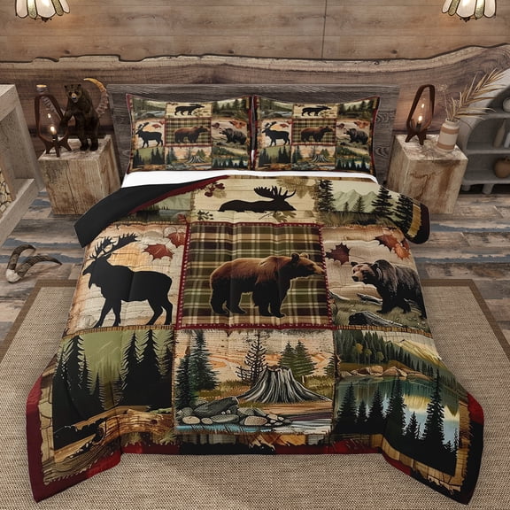 Manfei Jungle Bear Moose Queen Comforter Set,Cpuntryside Scensey Bedding Sets,Rustic Farmhouse Cabin Bedding Comforter Set For Boys Kids,Breathable Home Decor Reversible,3pcs