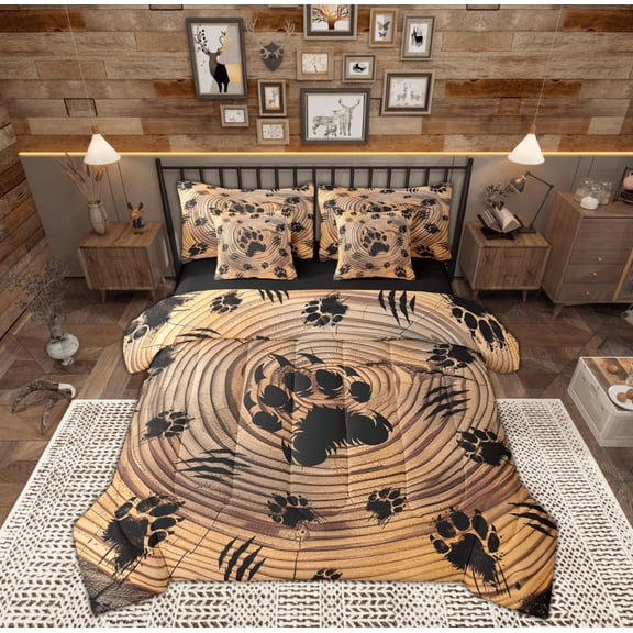 Manfei Jungle Bear Paw Bed in a Bag Twin size, Rustic Tree Bed Set, Farmhouse Animal Reversible Bedding Twin Size, Microfiber Bedroom Decoration, 7pcs