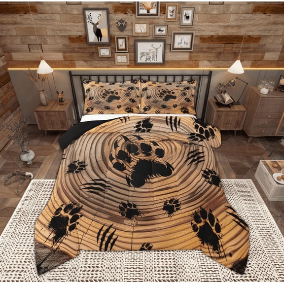 Manfei Jungle Bear Paw Comforter Sets Full Size, Rustic Tree Comforters & Duvets, Farmhouse Animal Reversible Bedding Full Comforter Set, Microfiber Bedroom Decoration, 3pcs