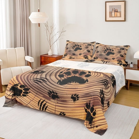 Manfei Jungle Bear Paw Queen Sheet Sets, Rustic Tree Sheet Set Queen, Farmhouse Animal Bed Sheets Set Queen Size, Microfiber Bedroom Decoration, 4pcs
