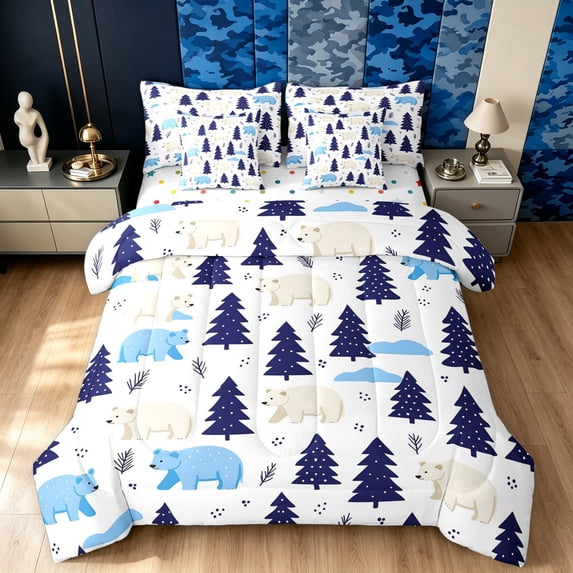 Manfei Jungle Bear Queen Bedding, Woodland Rustic Tree Bedding Comforter Set Queen, White Navy, Polkadot Reversible, 7 Pieces