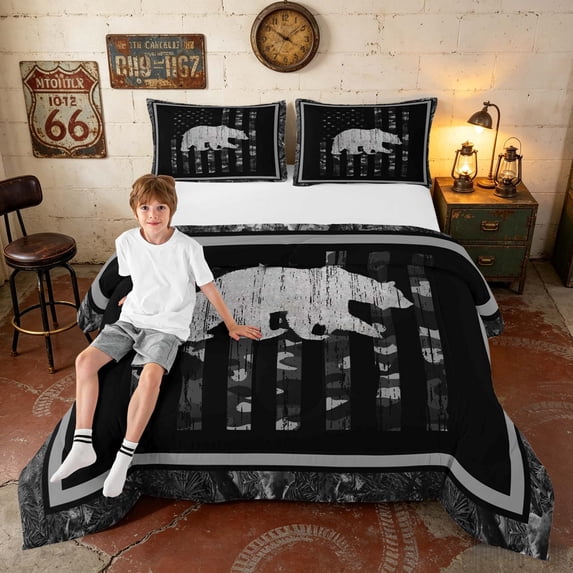 Manfei Jungle Bear Queen Comforter Set, Retro US Flag Comforter Sets Queen, Black Grey, Black Reversible 3-Piece, 1 Comforter and 2 Pillowcases