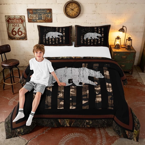 Manfei Jungle Bear Queen Comforter Set, Retro US Flag Comforter Sets Queen, Brown Black, Black Reversible 3 Pieces, 1 Comforter and 2 Pillowcases