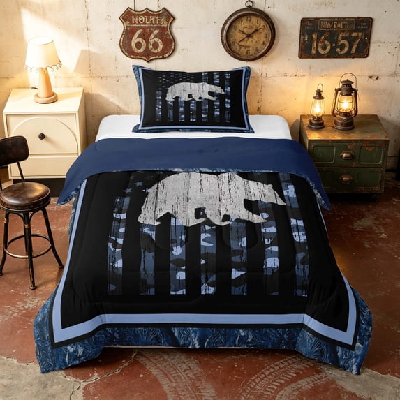 Manfei Jungle Bear Twin Comforter Sets, Retro US Flag Bedding Set, Blue Black Grey, Navy Reversible 2pcs, 1 Comforter and 1 Pillowcase