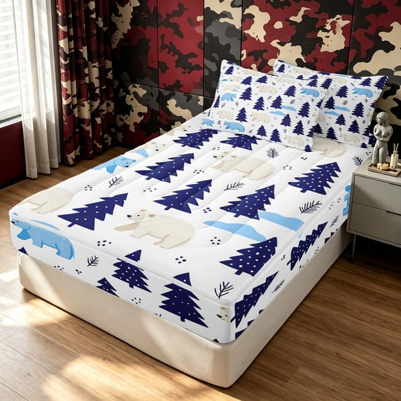 Manfei Jungle Bear Zipper Full Size Comforter Sets with Fitted Sheet and 2 Pillowcases, Woodland Rustic Tree Zipper Bedding Set, White Navy, Polkadot Reversible, 4 Pieces