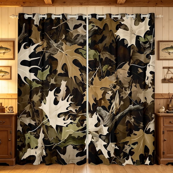 Manfei Jungle Branches Camo Kitchen Curtains, Forest Camouflage Black Out Curtains Pack of 2 (42x63 Each), Green Brown
