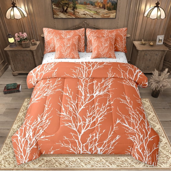 Homewish Jungle Branches Teens Bedding Comforter Set 7pcs, Orange Stripe Line King Bedding Sets, Plant Botancial Reversible Bed Sheets, Microfiber Bedroom Decor