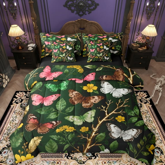 Manfei Jungle Butterfly 7 Pieces Bedding Comforter Set for Teen, Bohemian Flower Floral Full Bedding Set, Vintage Mandala Style Reversible Fitted Sheet Flat Sheet, Microfiber Bedroom Decor