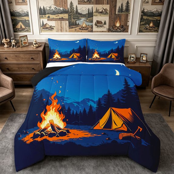 Manfei Jungle Campfire King Size Comforter Sets 3pcs,Happy Adventure Comforters King Size,Dark Blue Orange,1 Comforter and 2 Pillowcases,Reversible