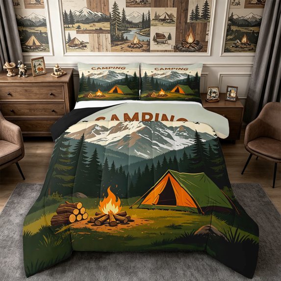 Manfei Jungle Campfire Tents Queen Comforter Set 3 Pieces,Happy Camping Comforter Sets Queen,Green Brown,1 Comforter and 2 Pillowcases,Reversible
