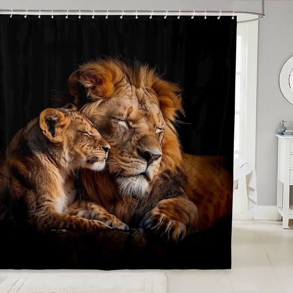 Manfei Jungle Couple Lion Shower Curtain 72Wx78L, Valentine's Day Animal Print Bath Curtain, Black Brown