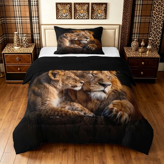 Manfei Jungle Couple Lion Twin Comforter Sets, Valentine's Day Animal Print Bedding Set, Black Brown, Black Reversible, 2-Piece, 1 Comforter and 1 Pillowcase