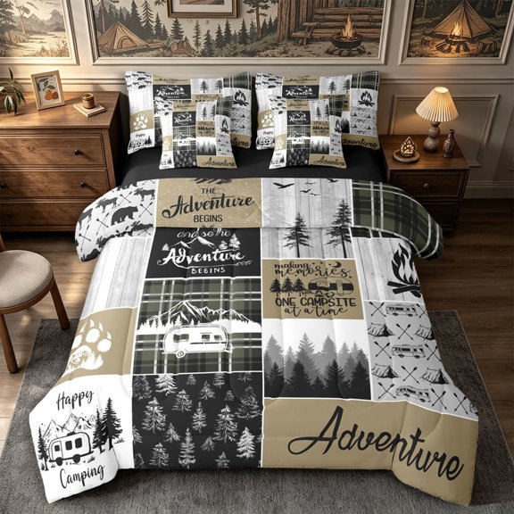 Manfei Jungle Deer Bear Full Size Bedding Sets 7 Pieces,Adventure Patchwork Full Size Bed in a Bag,Olive Beige