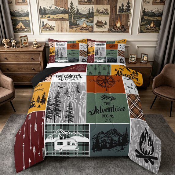 Manfei Jungle Deer Bear Full Size Comforter Sets 3-Piece,Camping Car Bedding Comforter Set,Brown Black,1 Comforter and 2 Pillowcases,Reversible