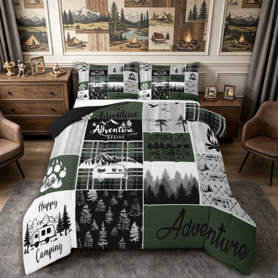 Manfei Jungle Deer Bear King Size Comforter Sets 3pcs,Camping Car Comforters King Size,Olive Black,1 Comforter and 2 Pillowcases,Reversible
