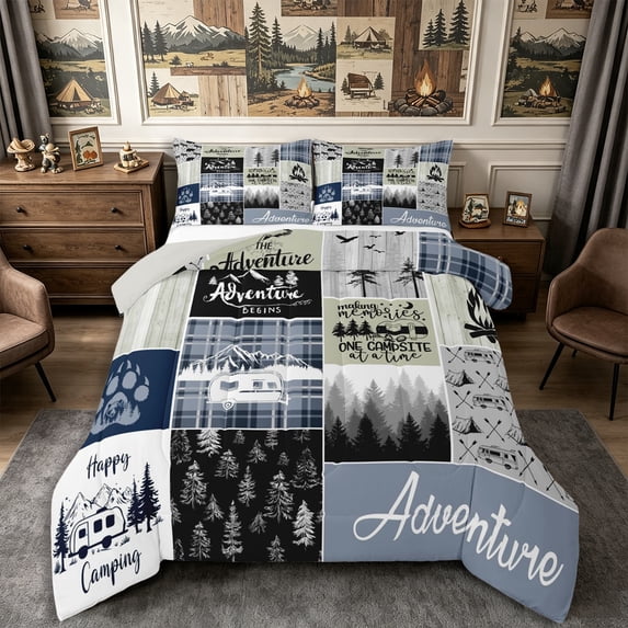 Manfei Jungle Deer Bear Queen Comforter Set 3 Pieces,Camping Car Comforter Sets Queen,Slate Gray Black,1 Comforter and 2 Pillowcases,Reversible