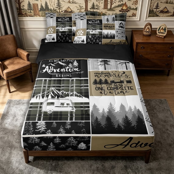 Manfei Jungle Deer Bear Zipper Full Size Comforter Sets with Fitted Sheet and 2 Pillowcases,Adventure Patchwork Zipper Bedding Set,Olive Beige,Reversible