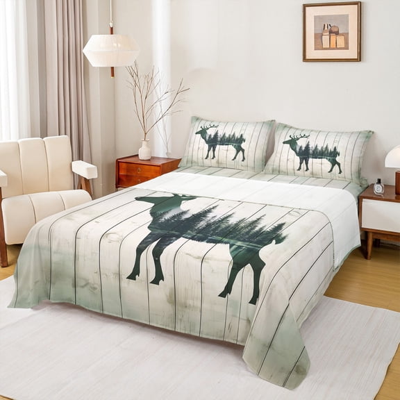 Manfei Jungle Deer Elk Twin Sheet Sets for Adult, Rustic Lodge Cabin Twin Fitted Sheet, Woodland Wildlife Flat Sheet, Breathable Home Decor, 3pcs
