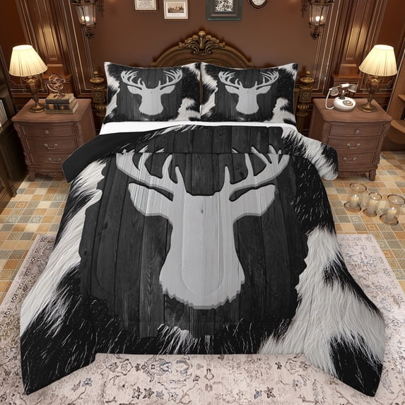Manfei Jungle Deer Silhouette Full Size Comforter Sets,Rustic Cow Hide Bedding Comforter Set,Gray Brown Bedding Sets For Men Women,Ultra Soft Home Decor Reversible,3-Piece