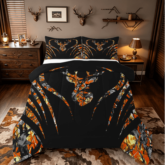 Manfei Jungle Deer Skull Bedding Comforter Set,Hunting Camo Twin Comforter Sets,Orange Black Bedding Set For Kids,Super Cozy Room Decor Reversible,2-Piece