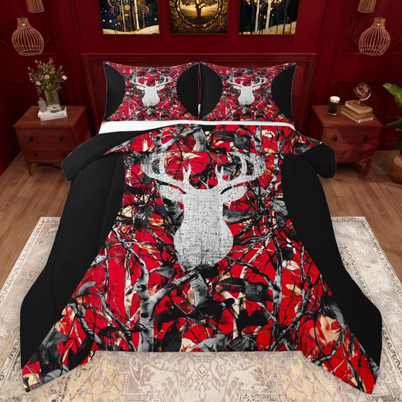 Manfei Jungle Deer Skull Bedding Comforter Set,Rustic Branch Leaves Twin Comforter Sets,Red Hunting Camo Bedding Set For Kids,Super Cozy Room Decor Reversible,2-Piece