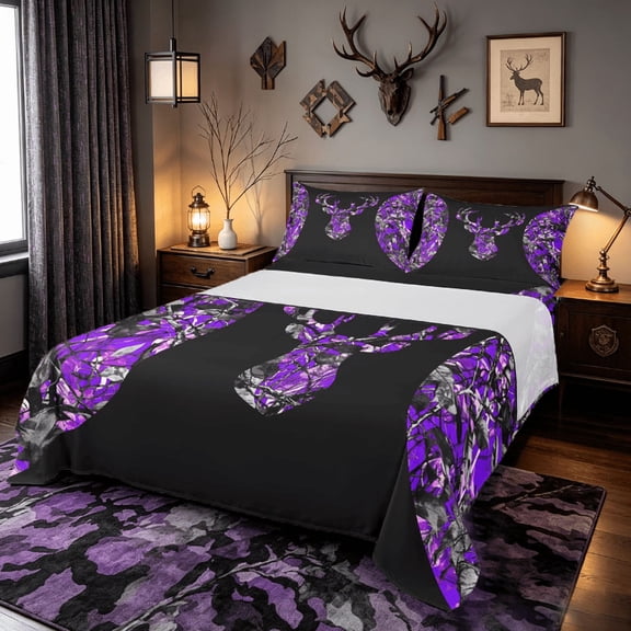 Manfei Jungle Deer Skull Full Size Sheets,Purple Black Bed Sheets,Hunting Camo Sheet Sets For Kids,Super Cozy Room Decor,4 Pieces