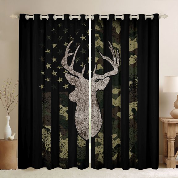 Manfei Jungle Deer Us Flag Kitchen Curtains,Grunge Camo Print Black Out Curtains Pack of 2 (42x63 Each),Black Green