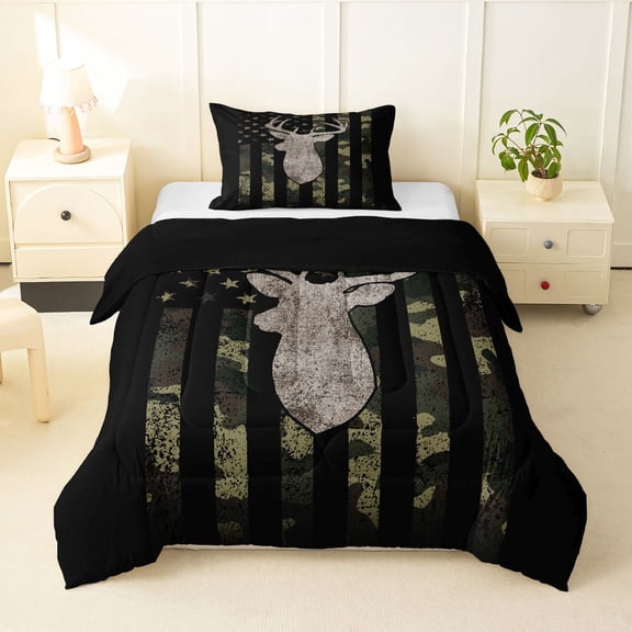 Manfei Jungle Deer Us Flag Twin Comforter Sets,Grunge Camo Print Bedding Set,Black Green,Black Reversible,2 Pieces,1 Comforter and 1 Pillowcase