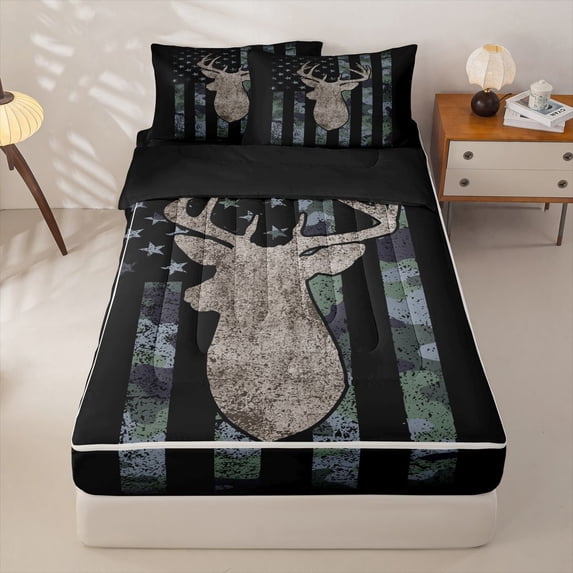 Manfei Jungle Deer Us Flag Zipper Full Size Comforter Sets with Fitted Sheet and 2 Pillowcases,Grunge Camo Print Zipper Bedding Set,Black,Black Reversible,4pcs